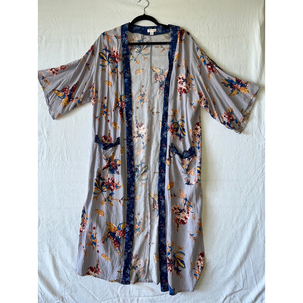 Xhilaration Floral Duster Kimono Cardigan Gray Navy Blue Boho Longline Small
